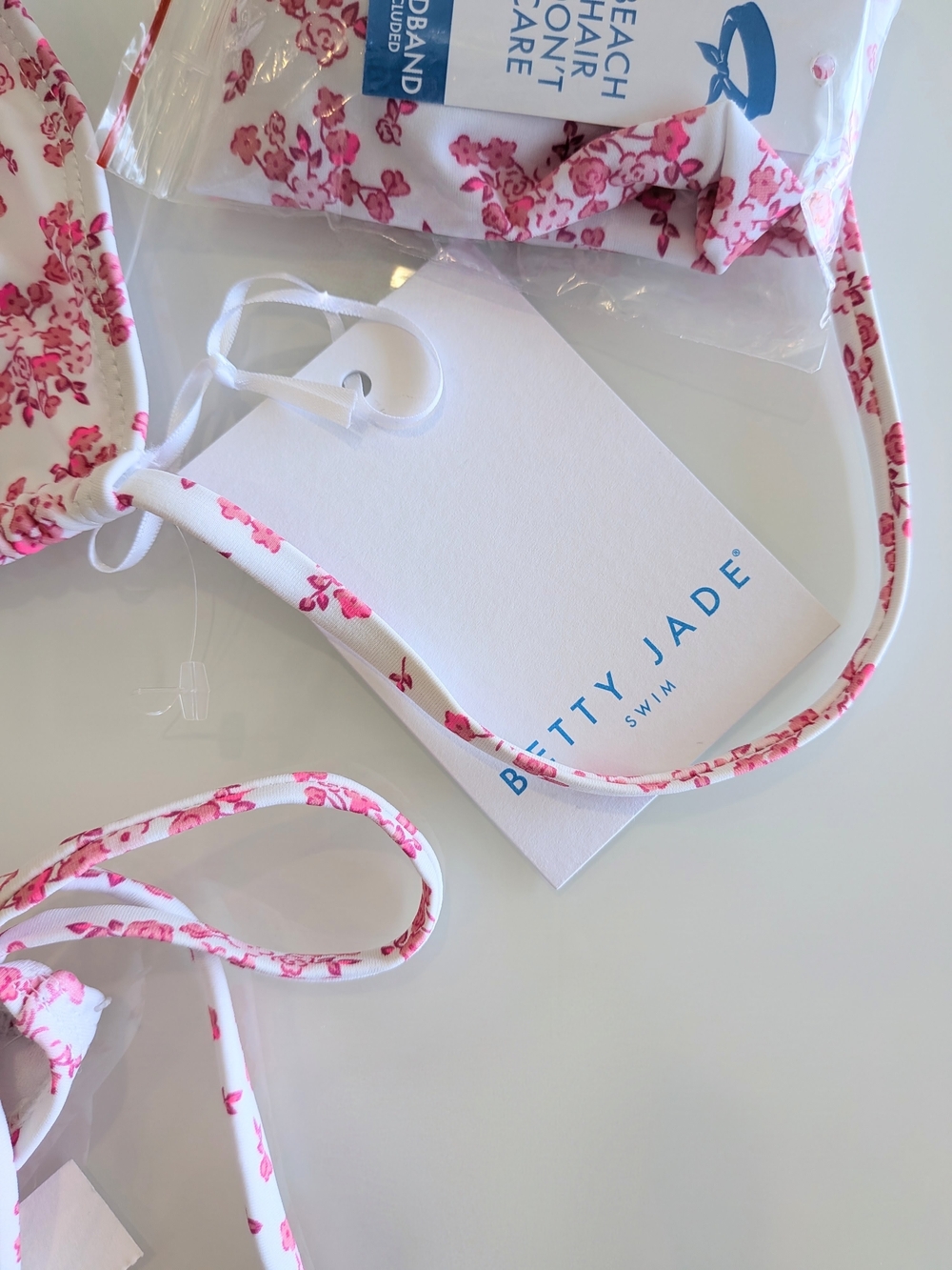 Floral Pink White String Bikini 3 Piece Set with Matching Headband New - Picture 9 of 11